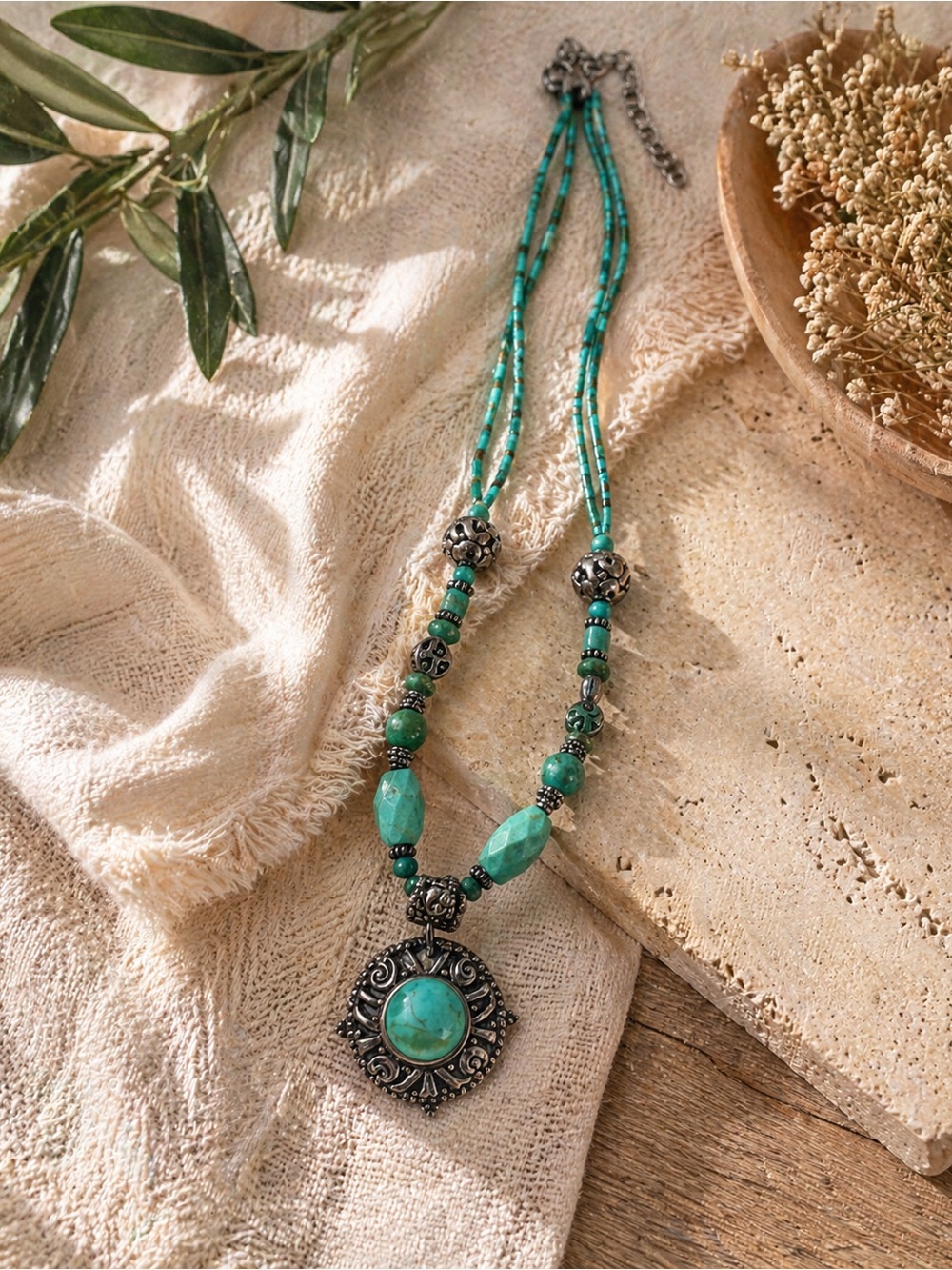 Turquoise Beaded Necklace | Ornate Pendant Boho Southwestern Statement Jewelry